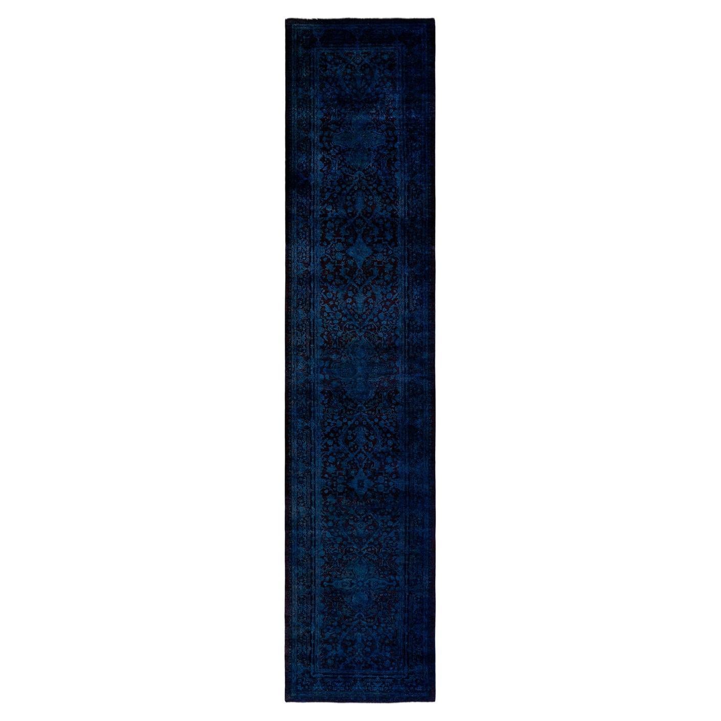 Chemin de table contemporain en laine surteinte nouée à la main, bleu