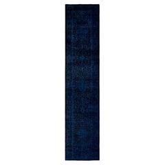 Contemporary Overdyed Hand Knotted Wool Blue Runner