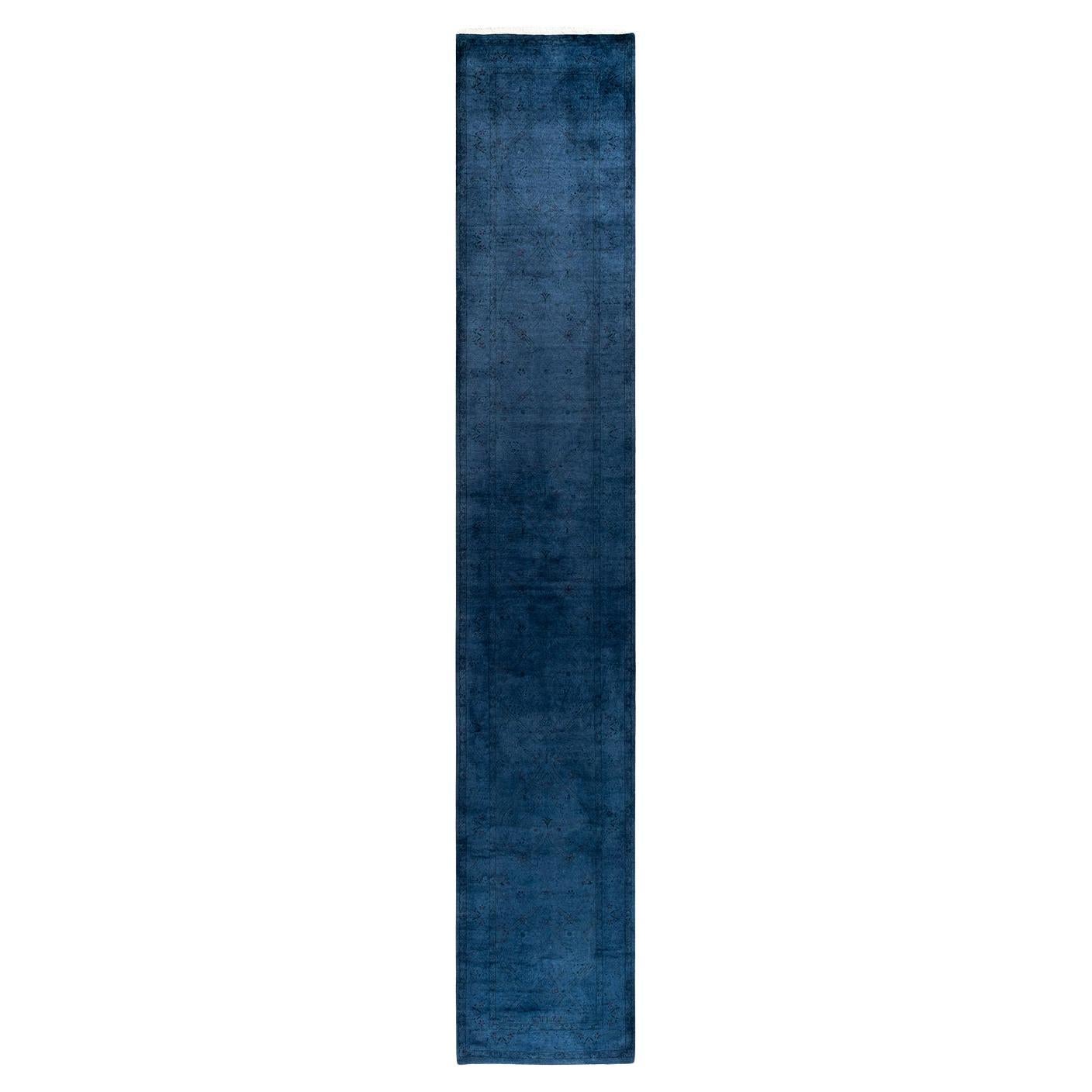 Contemporary Overdyed Hand Knotted Wool Blue Runner For Sale