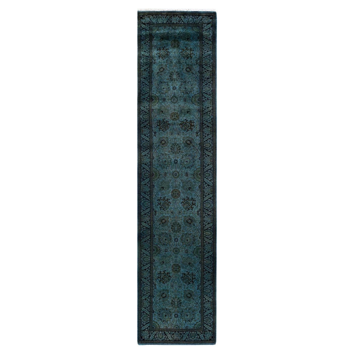 Contemporary Overdyed Hand Knotted Wool Blue Runner