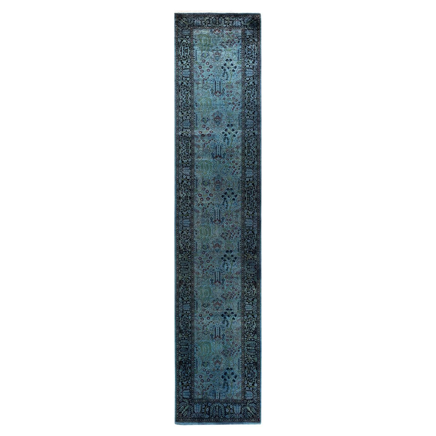 Chemin de table contemporain en laine surteinte nouée à la main, bleu