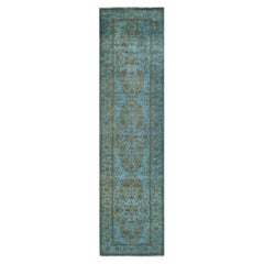 Contemporary Overdyed Hand Knotted Wool Blue Runner