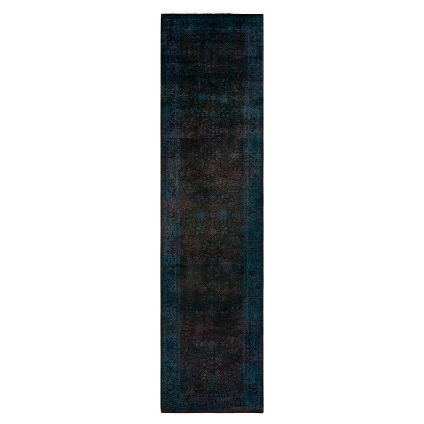 Contemporary Overdyed Hand Knotted Wool Blue Runner