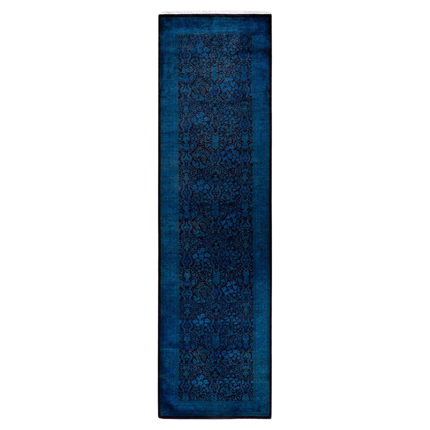 Chemin de table contemporain en laine surteinte nouée à la main, bleu
