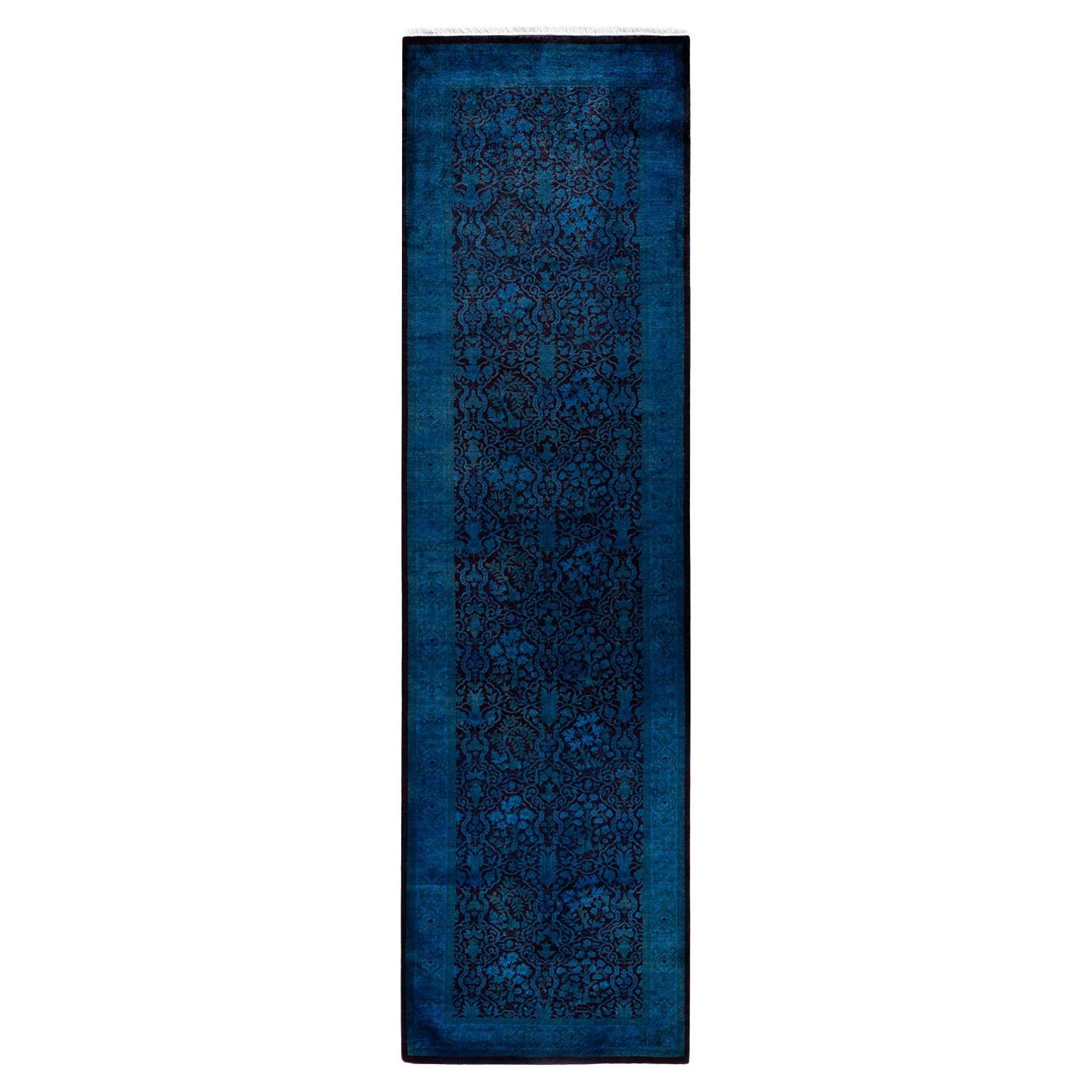 Contemporary Overdyed Hand Knotted Wool Blue Runner For Sale