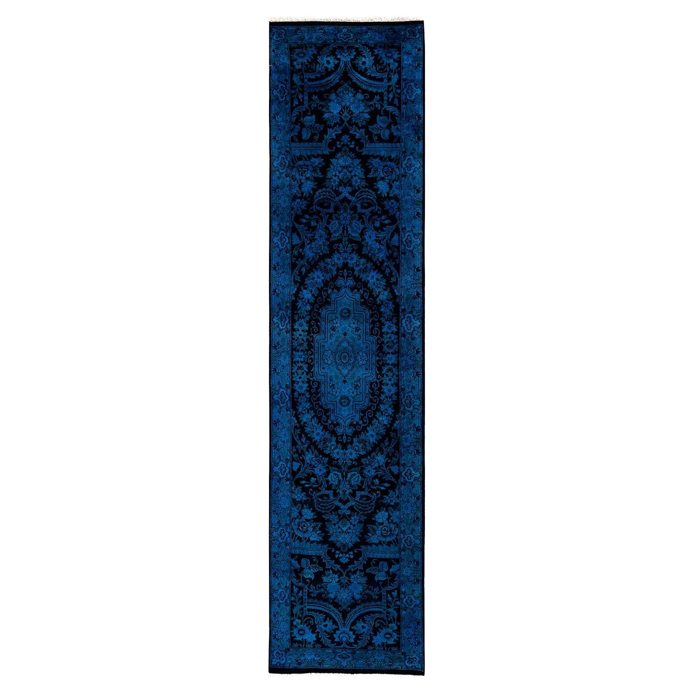 Contemporary Overdyed Hand Knotted Wool Blue Runner For Sale