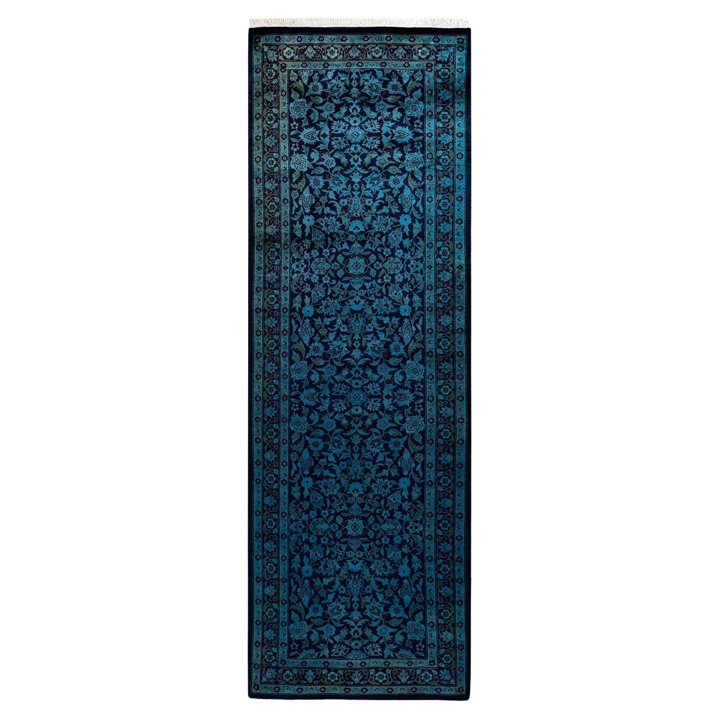 Contemporary Overdyed Hand Knotted Wool Blue Runner