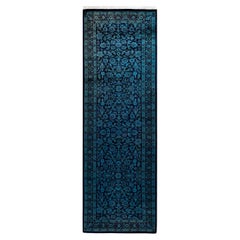 Contemporary Overdyed Hand Knotted Wool Blue Runner