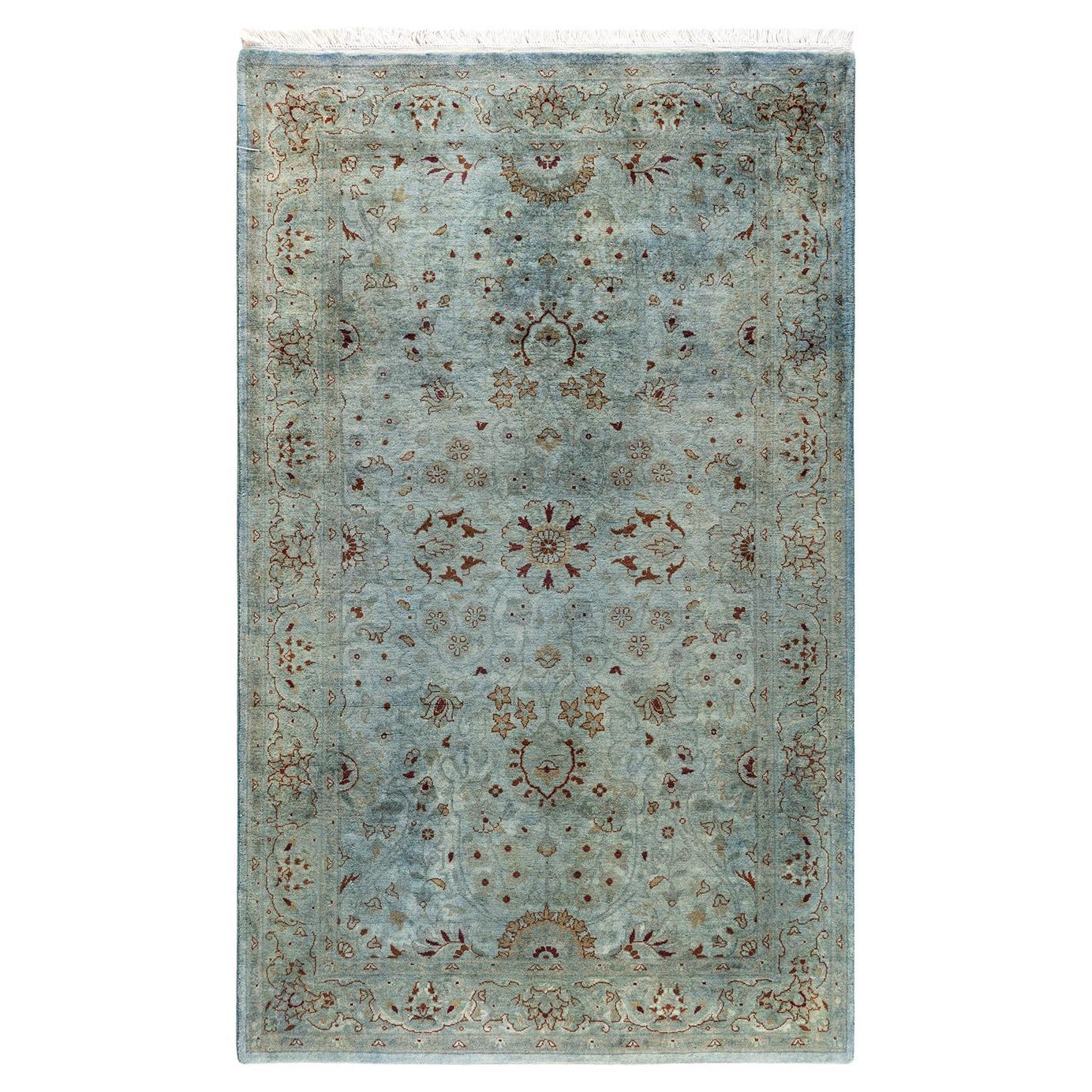 Contemporary Overdyed Hand Knotted Wool Blue Runner