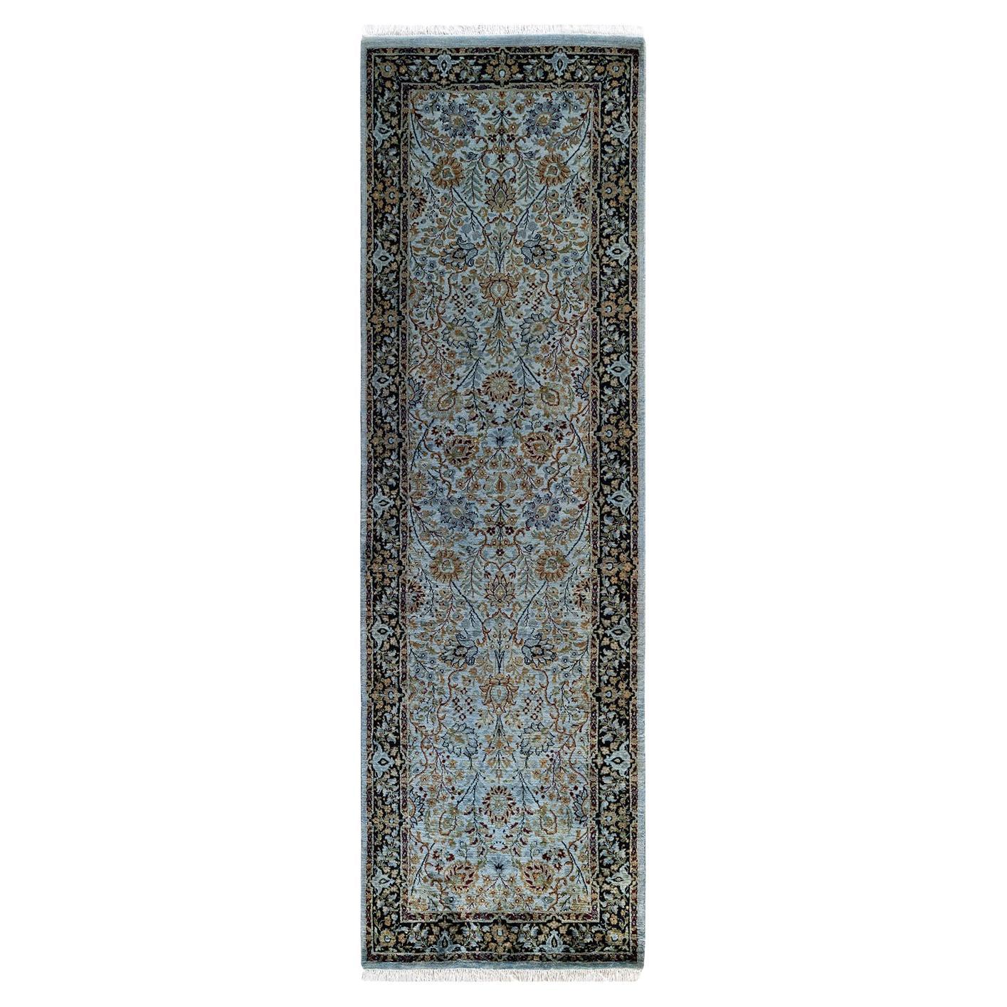 Contemporary Overdyed Hand Knotted Wool Blue Runner