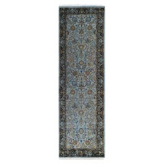 Chemin de table contemporain en laine surteinte nouée à la main, bleu