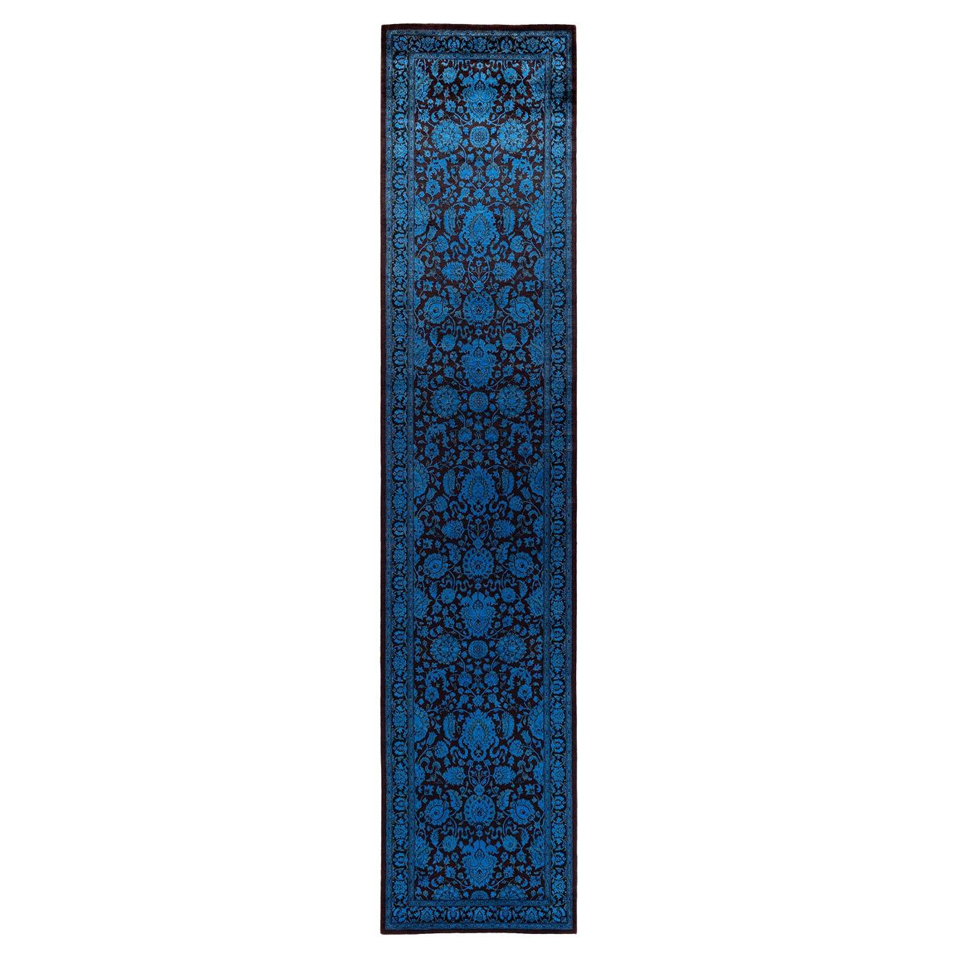 Contemporary Overdyed Hand Knotted Wool Blue Runner For Sale
