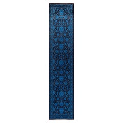Contemporary Overdyed Hand Knotted Wool Blue Runner