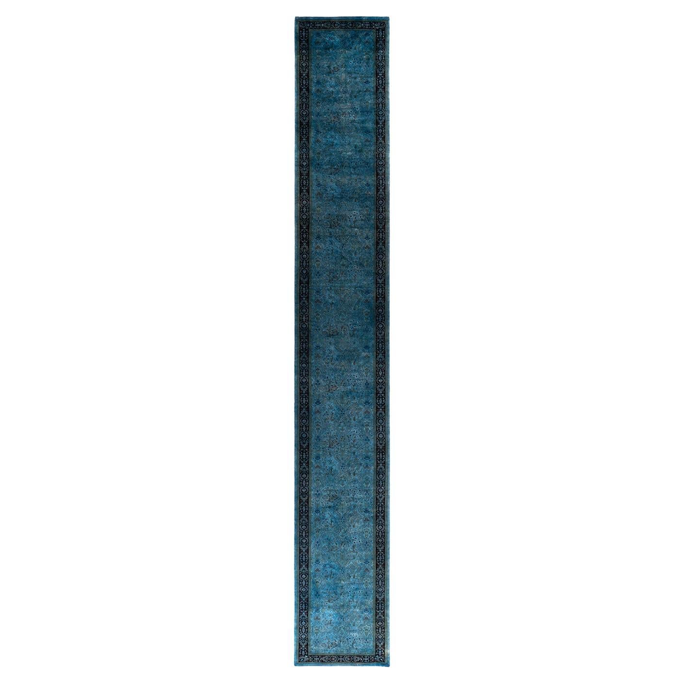 Contemporary Overdyed Hand Knotted Wool Blue Runner
