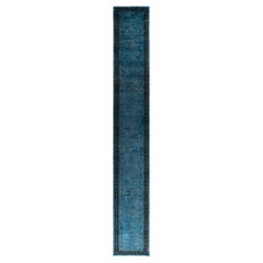 Contemporary Overdyed Hand Knotted Wool Blue Runner