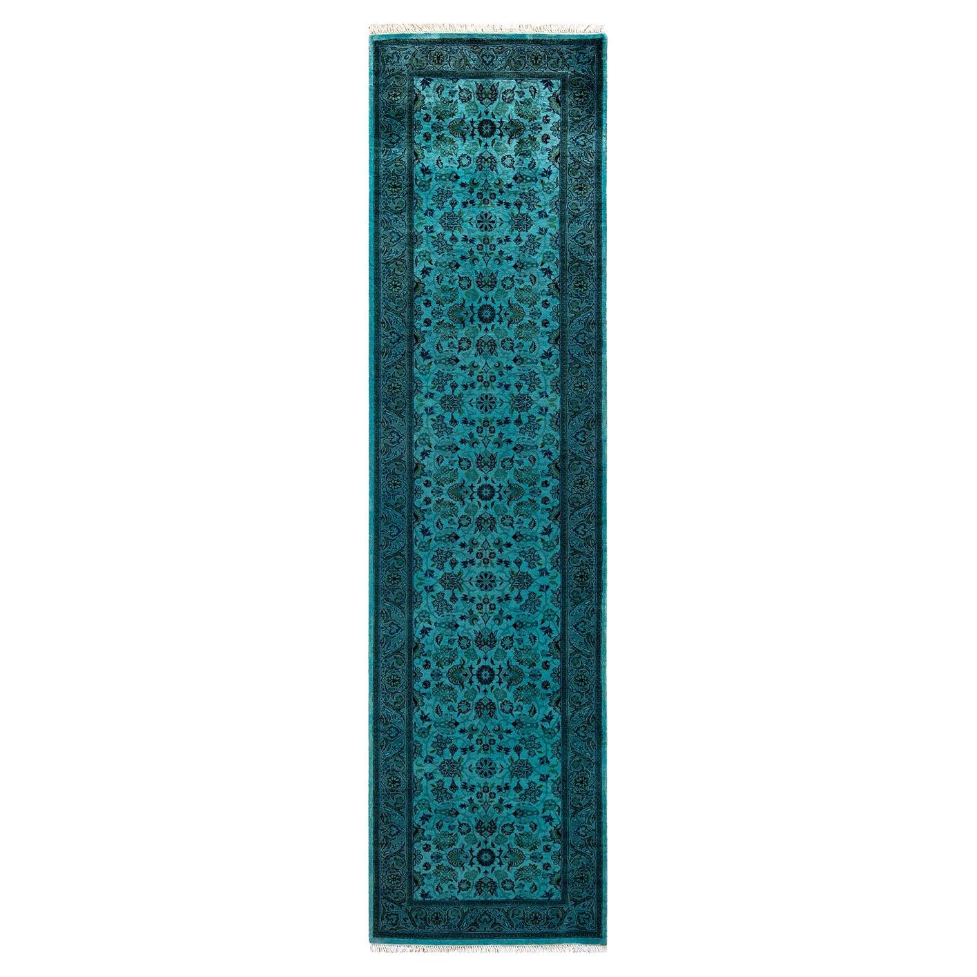 Chemin de table contemporain en laine surteinte nouée à la main, bleu