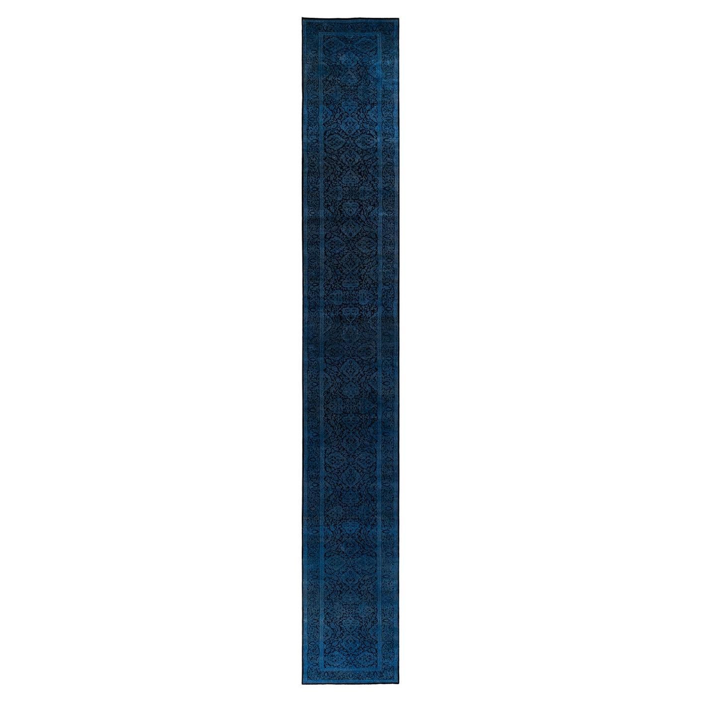 Contemporary Overdyed Hand Knotted Wool Blue Runner