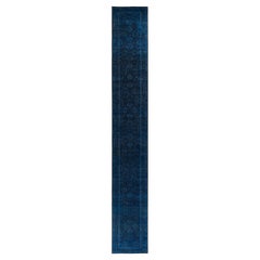 Contemporary Overdyed Hand Knotted Wool Blue Runner