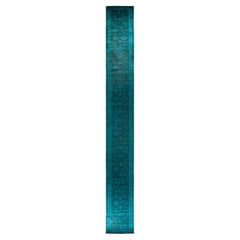 Runner contemporaneo in lana blu sovratinto e annodato a mano