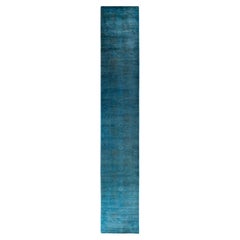 Runner contemporaneo in lana blu sovratinto e annodato a mano