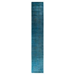 Contemporary Overdyed Hand Knotted Wool Blue Runner