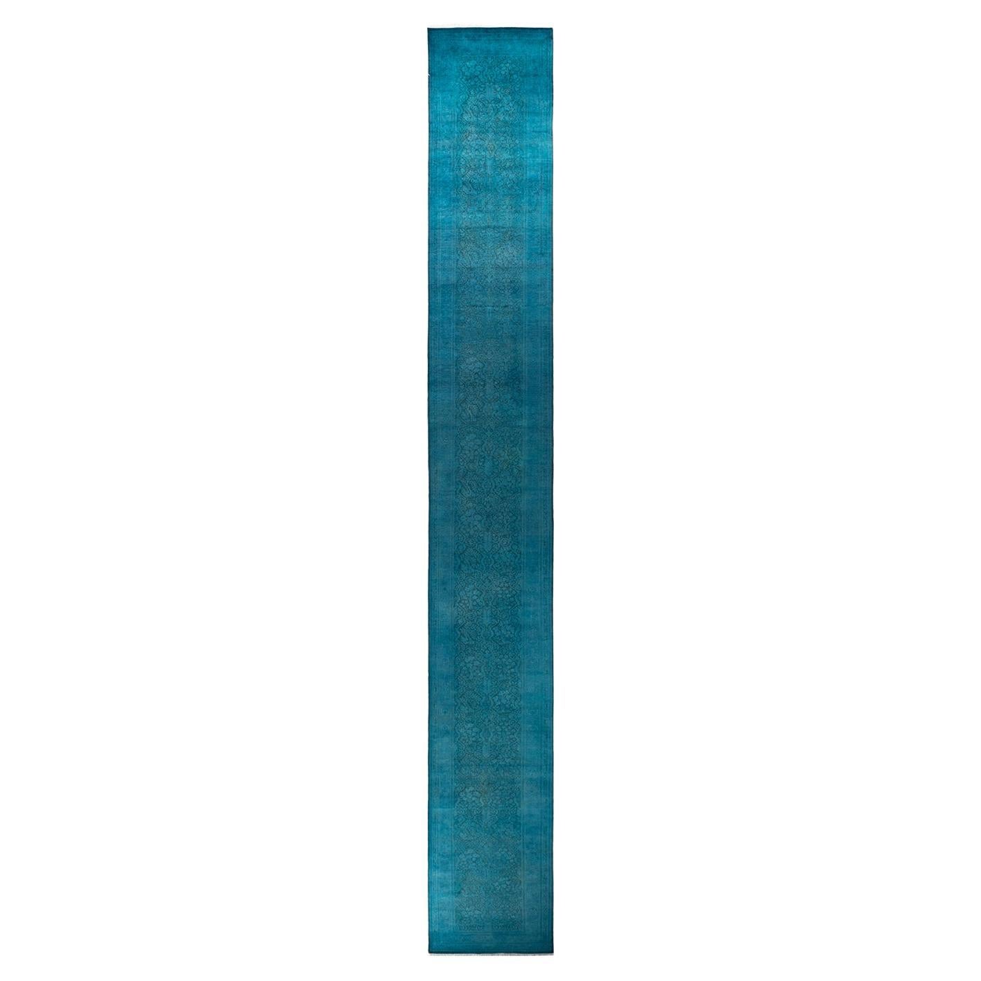 Contemporary Overdyed Hand Knotted Wool Blue Runner