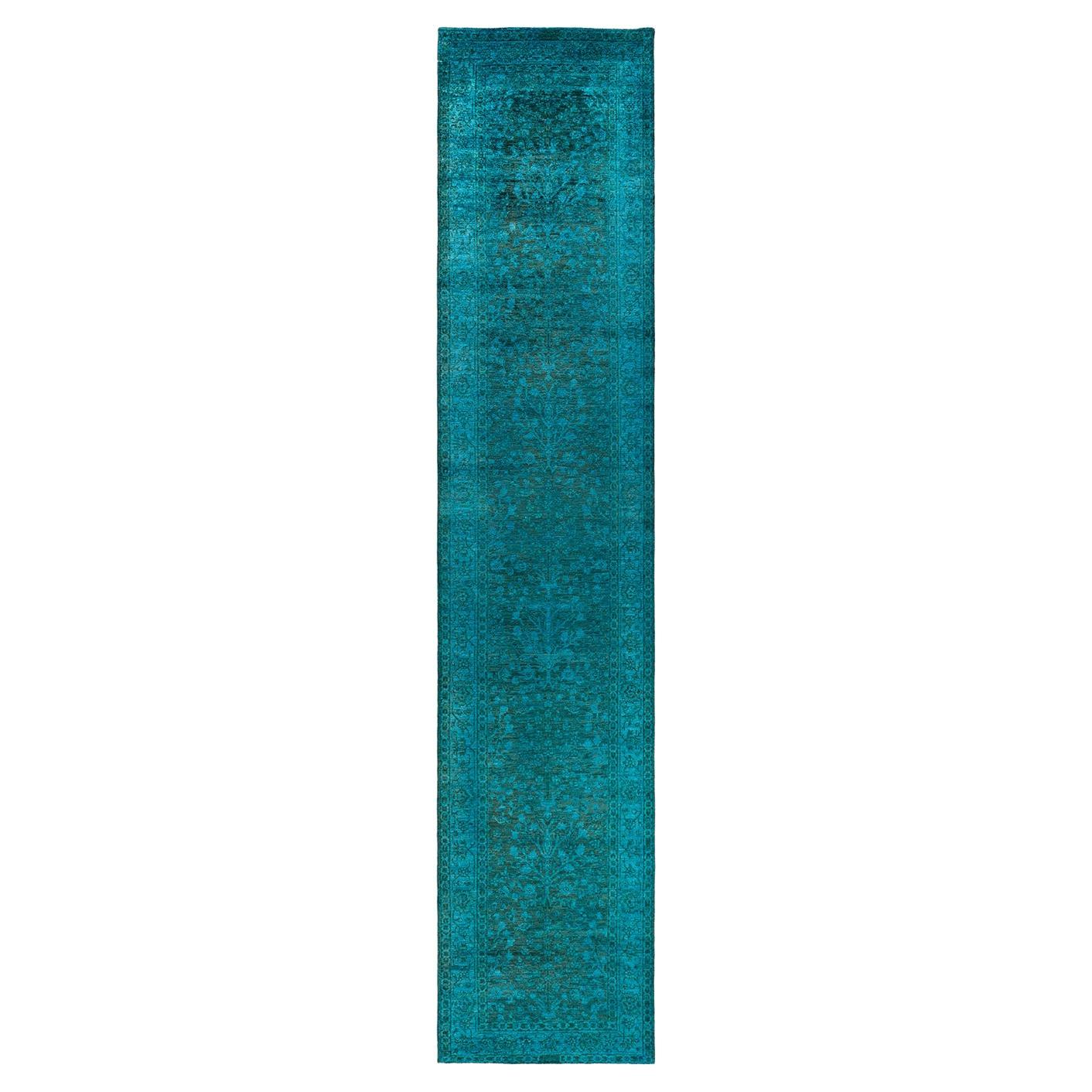 Contemporary Overdyed Hand Knotted Wool Blue Runner