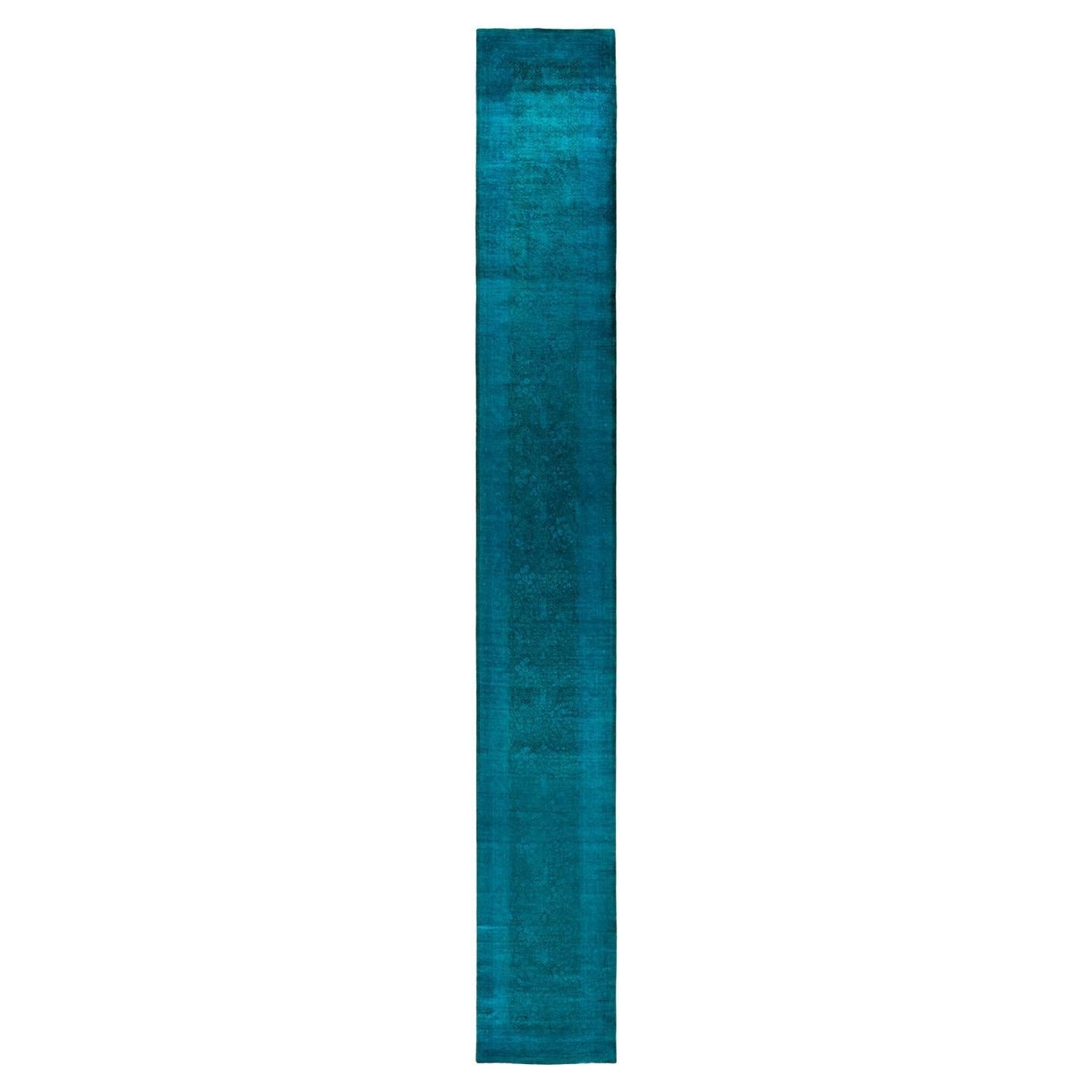 Runner contemporaneo in lana blu sovratinto e annodato a mano