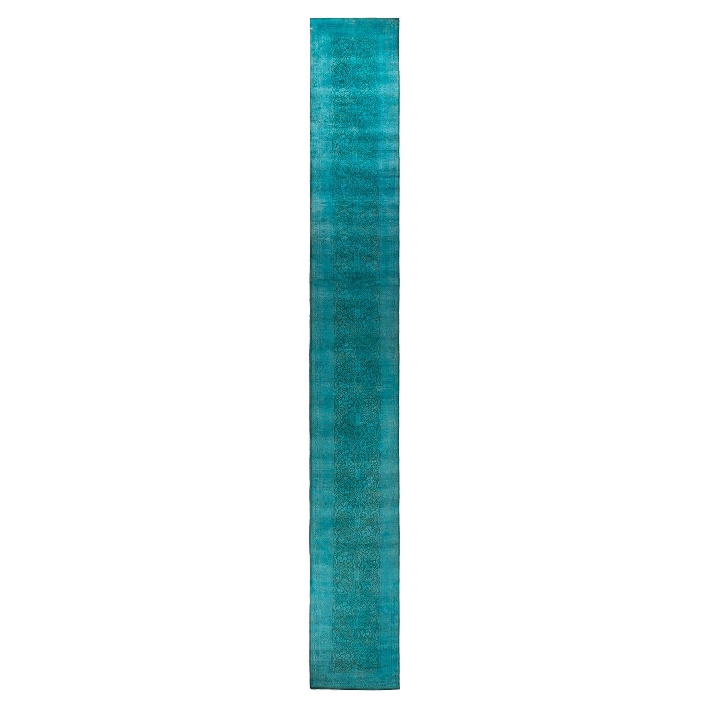 Runner contemporaneo in lana blu sovratinto e annodato a mano