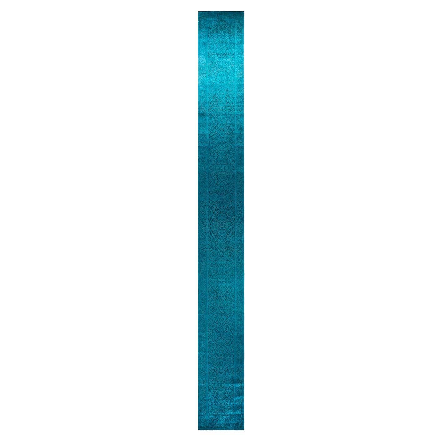 Runner contemporaneo in lana blu sovratinto e annodato a mano
