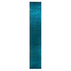 Contemporary Overdyed Hand Knotted Wool Blue Runner