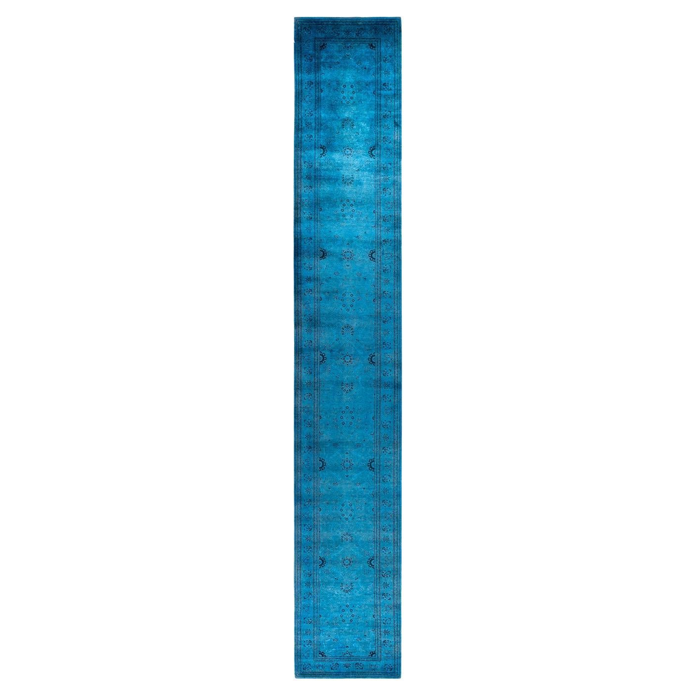 Traves de Mesa Contemporáneo Overdyed Hand Knotted Lana Azul