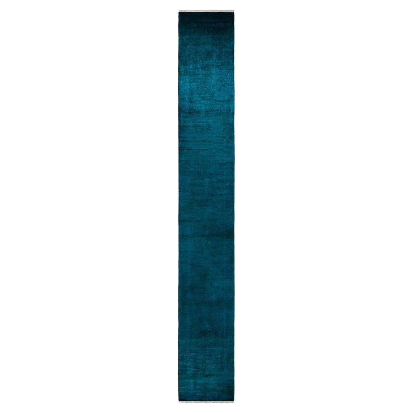 Contemporary Overdyed Hand Knotted Wool Blue Runner