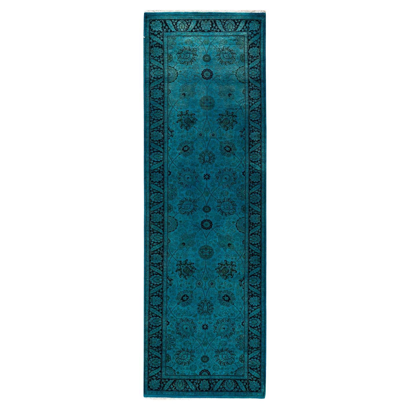 Contemporary Overdyed Hand Knotted Wool Blue Runner For Sale