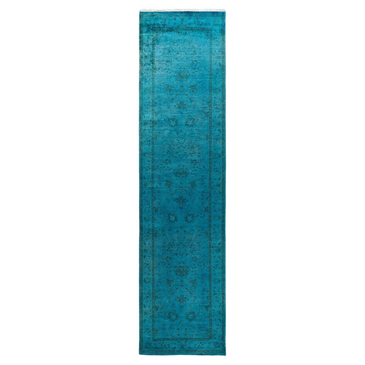 Contemporary Overdyed Hand Knotted Wool Blue Runner