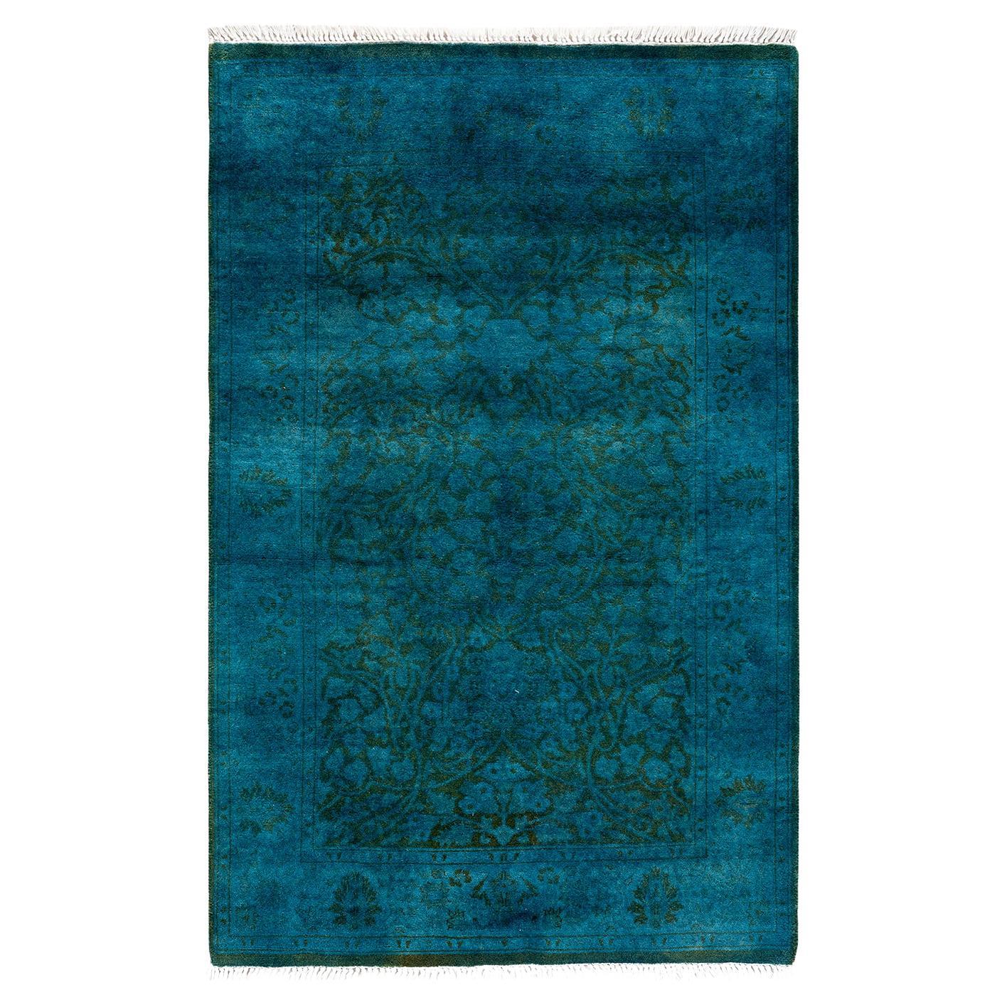 Chemin de table contemporain en laine surteinte nouée à la main, bleu