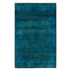 Contemporary Overdyed Hand Knotted Wool Blue Runner