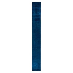 Contemporary Overdyed Hand Knotted Wool Blue Runner