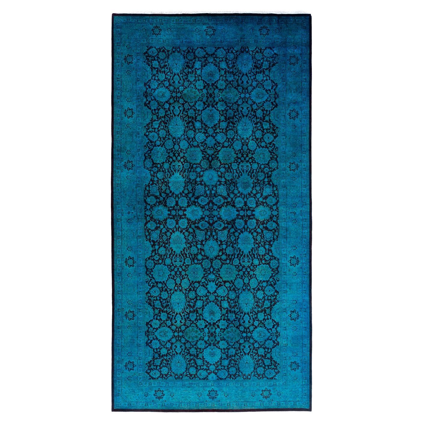 Contemporary Overdyed Hand Knotted Wool Blue Runner