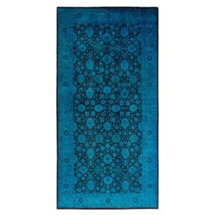 Contemporary Overdyed Hand Knotted Wool Blue Runner