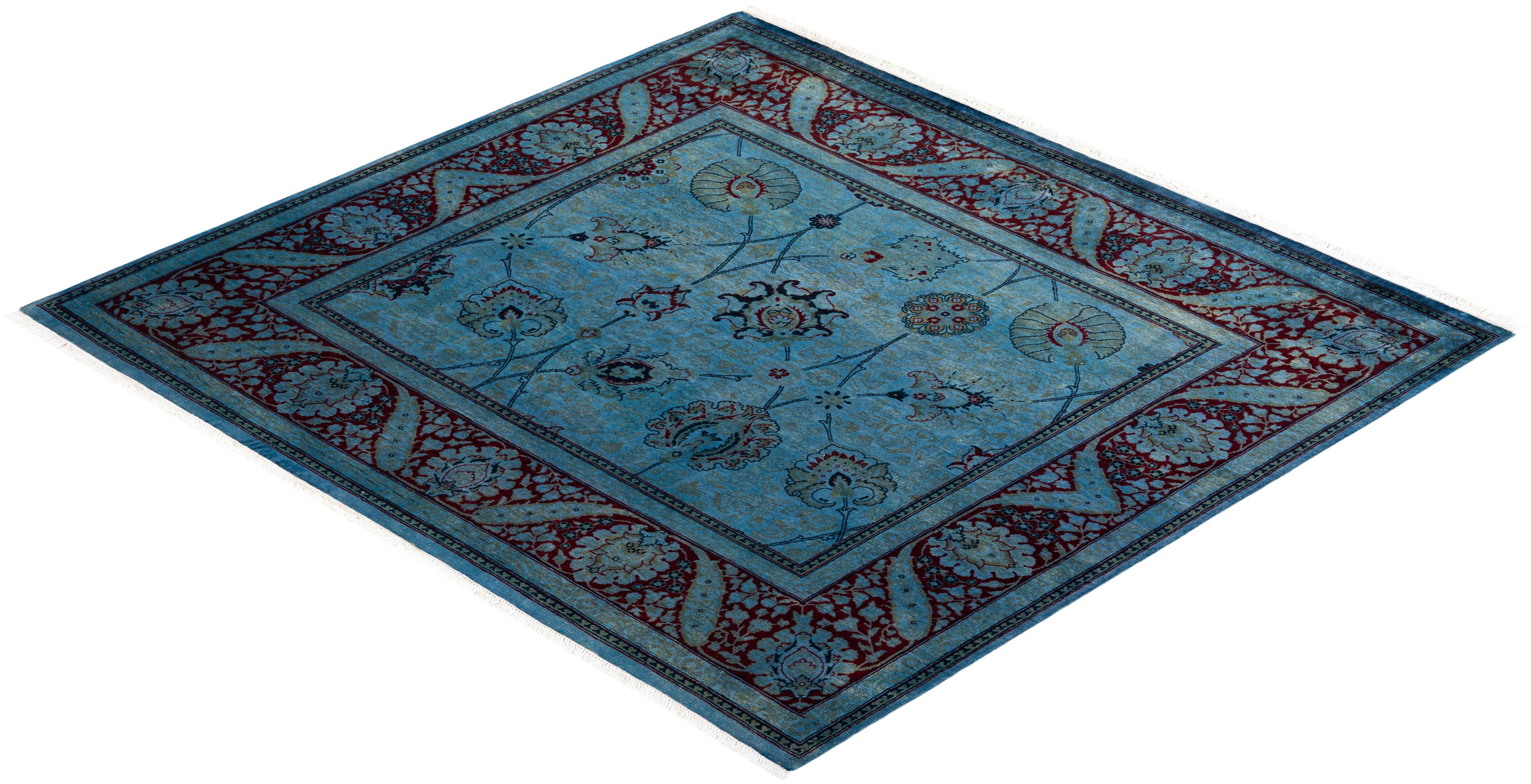 Contemporary Overdyed Hand Knotted Wool Blue Square Area Rug For Sale 4