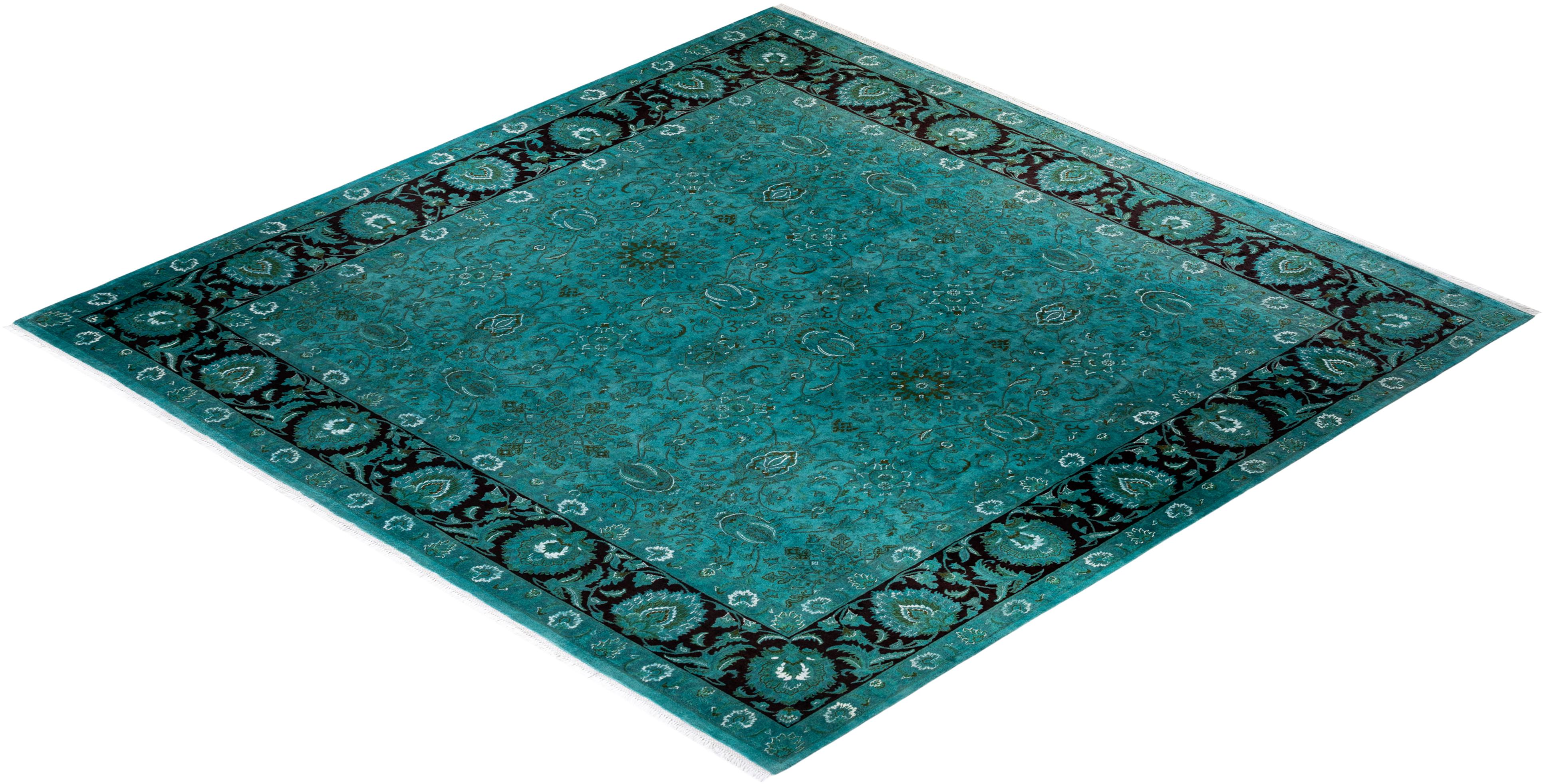 Contemporary Overdyed Hand Knotted Wool Blue Square Area Rug For Sale 4