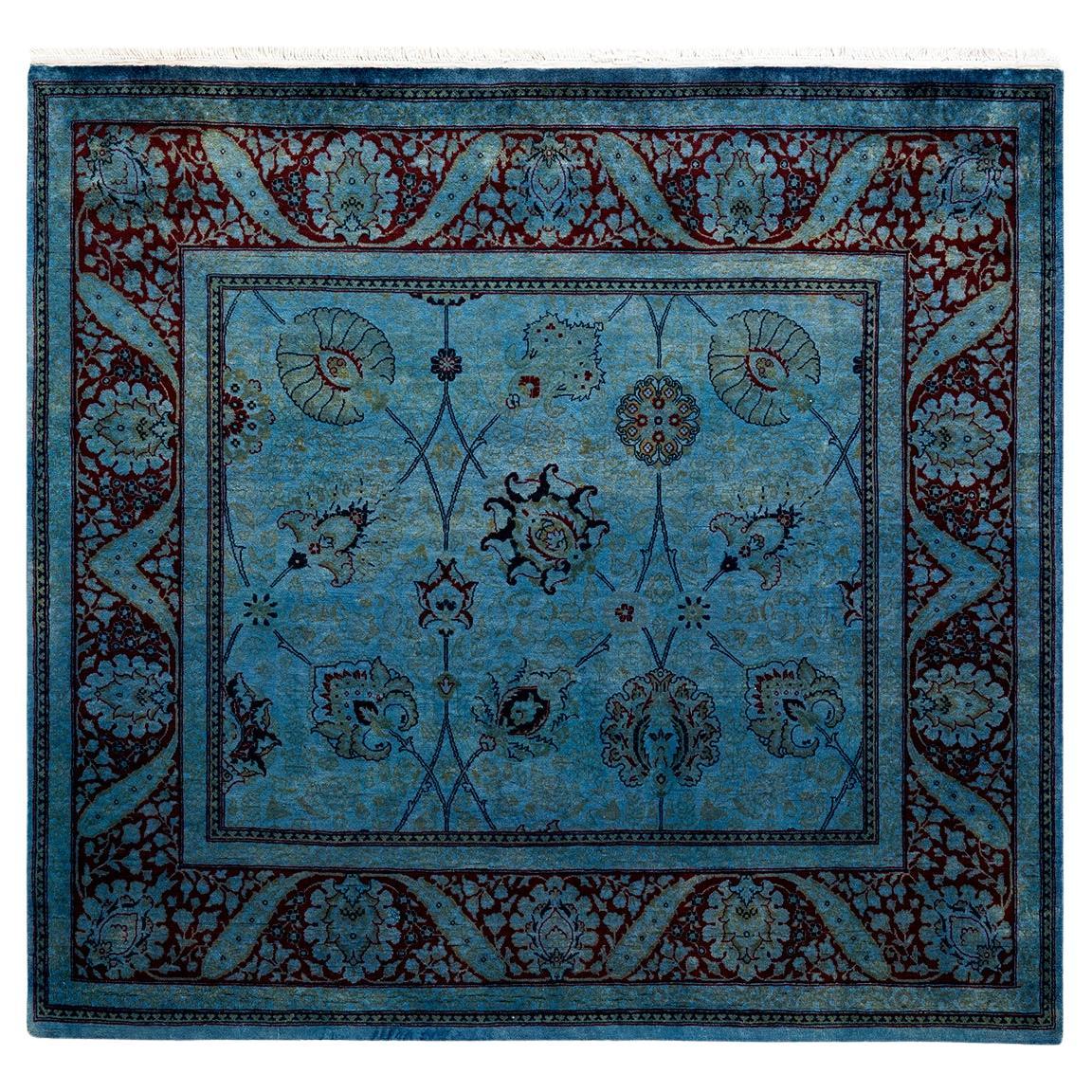 Contemporary Overdyed Hand Knotted Wool Blue Square Area Rug For Sale