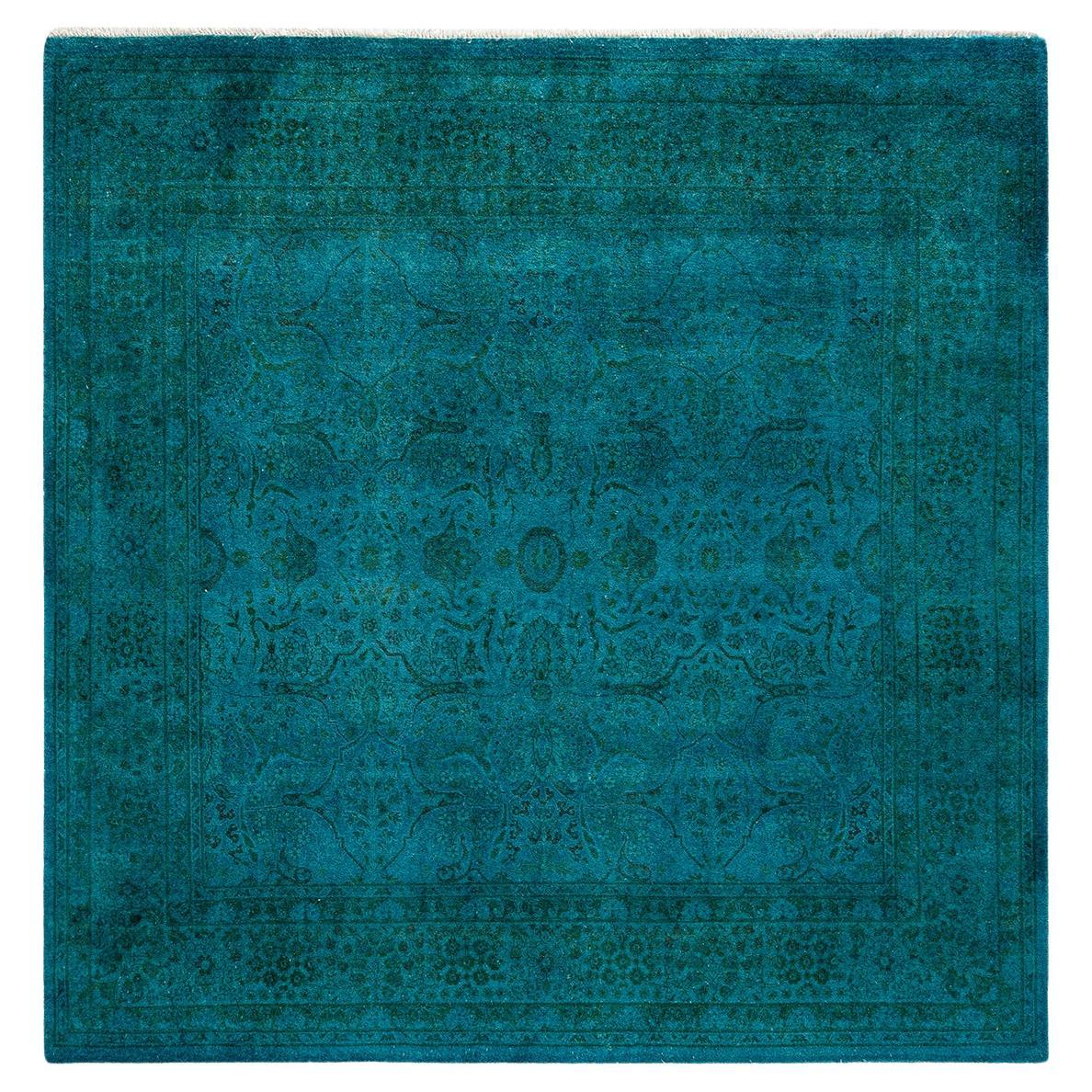 Contemporary Overdyed Hand Knotted Wool Blue Square Area Rug For Sale