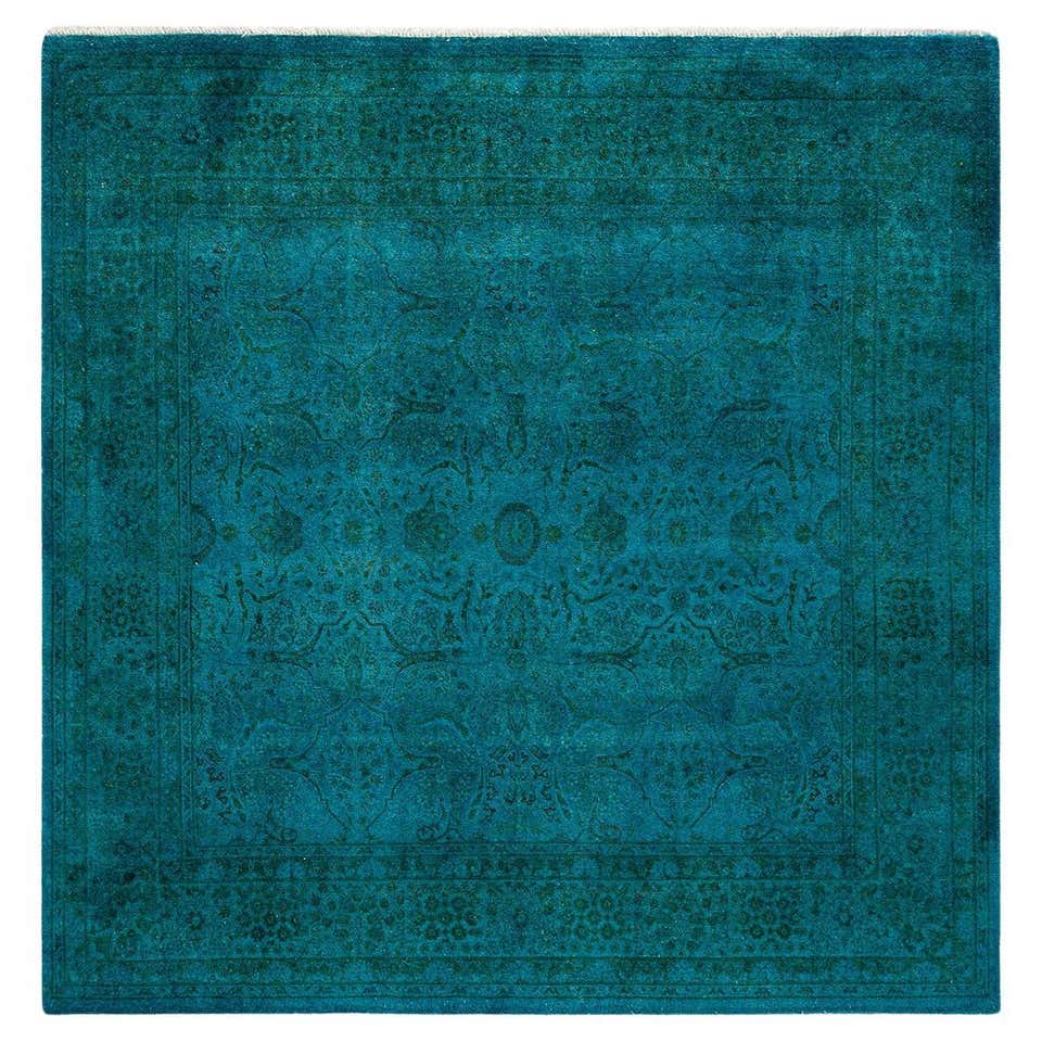 Contemporary Overdyed Hand Knotted Wool Blue Square Rug For Sale at 1stDibs
