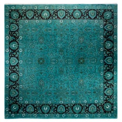 Contemporary Overdyed Hand Knotted Wool Blue Square Area Rug