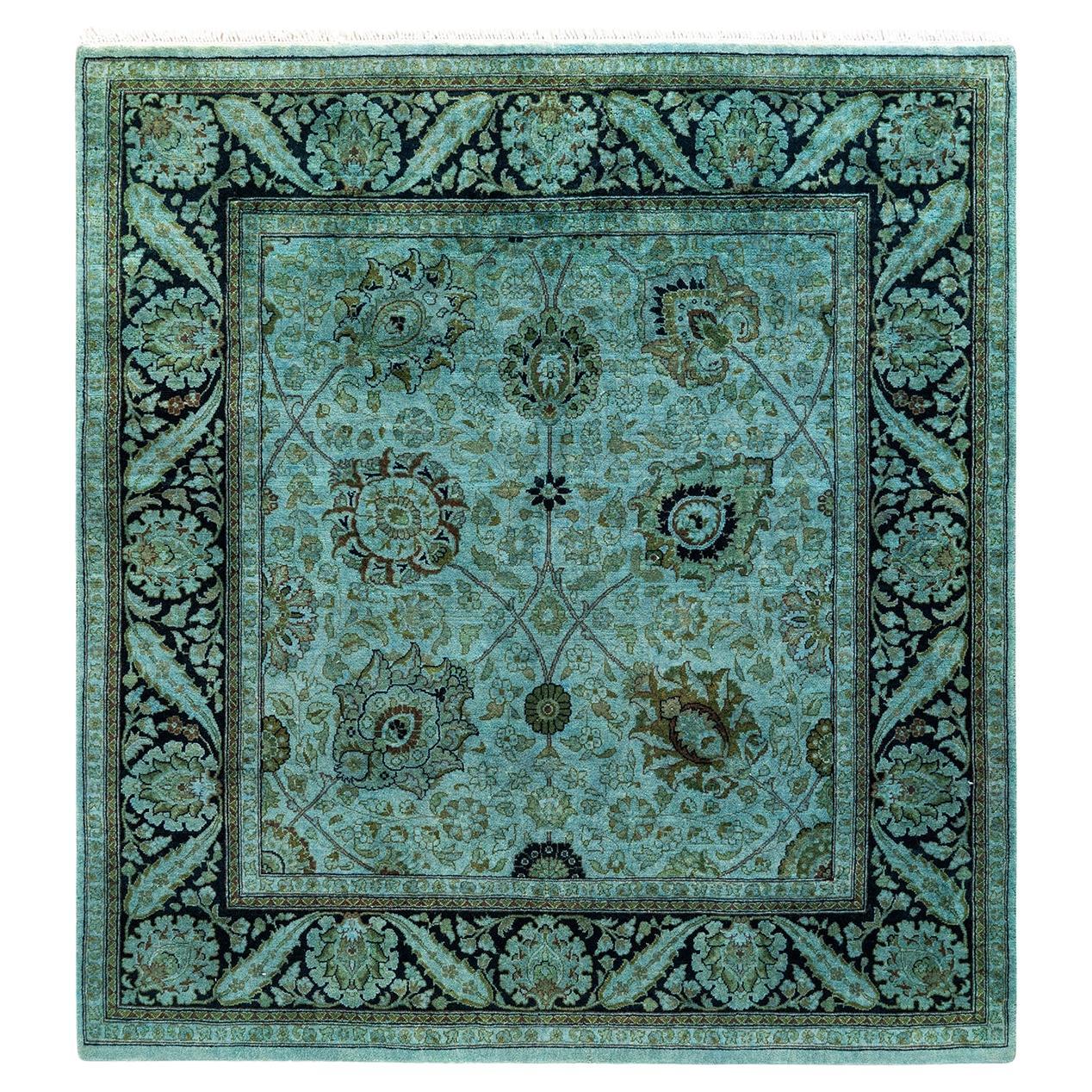 Contemporary Overdyed Hand Knotted Wool Blue Square Rug For Sale