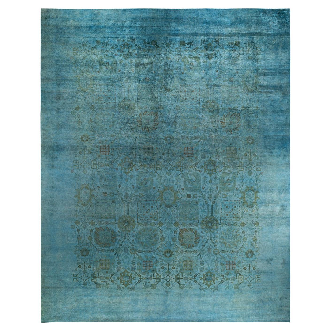 Contemporary Overdyed Hand Knotted Wool Blueish Area Rug