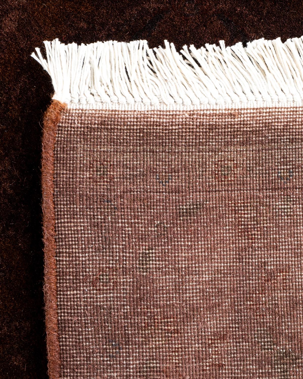 Contemporary Overdyed Hand Knotted Wool Brown Area Rug For Sale 1