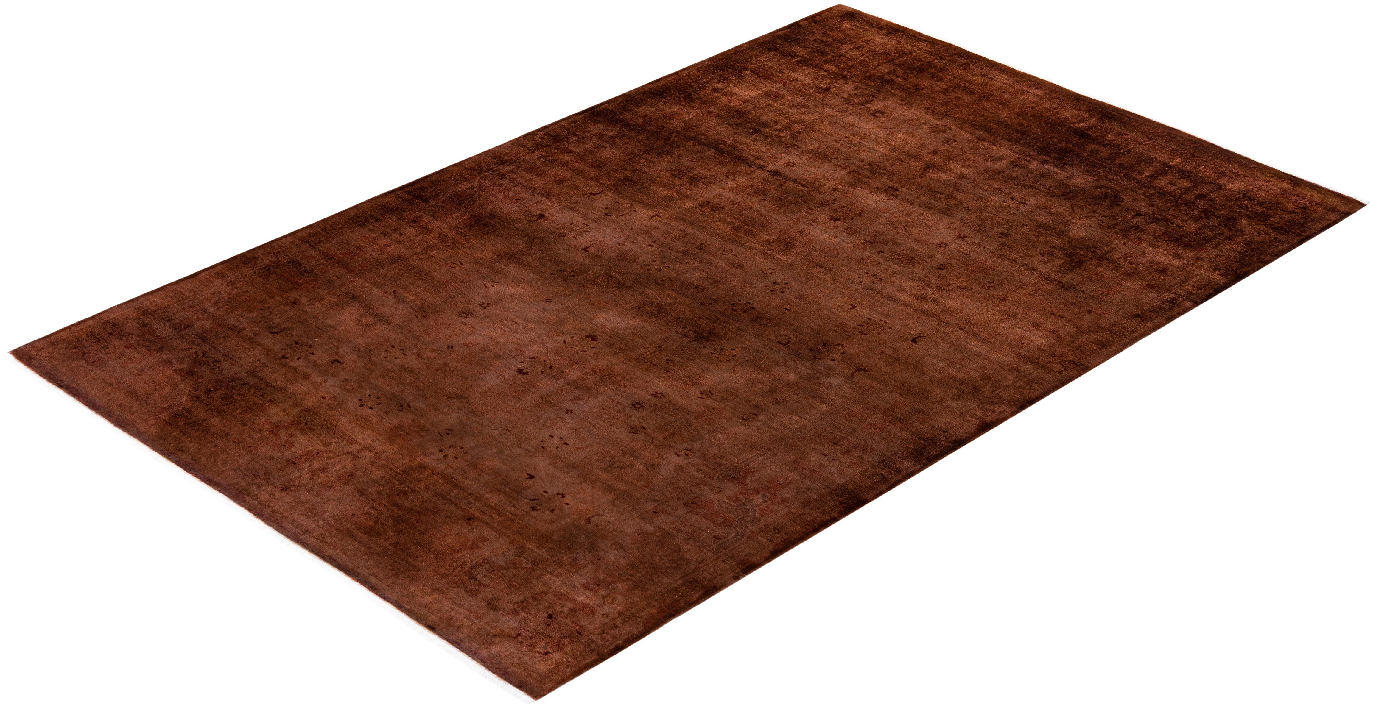 Contemporary Overdyed Hand Knotted Wool Brown Area Rug For Sale 4
